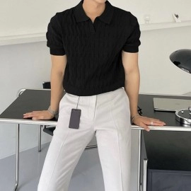 2023 M-3XL Men's Clothing Light Luxury Knitted Polo Shirt Casual Stripe V-Neck Solid Men's Short Sleeve T-Shirt Breathable