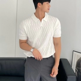 2023 M-3XL Men's Clothing Light Luxury Knitted Polo Shirt Casual Stripe V-Neck Solid Men's Short Sleeve T-Shirt Breathable